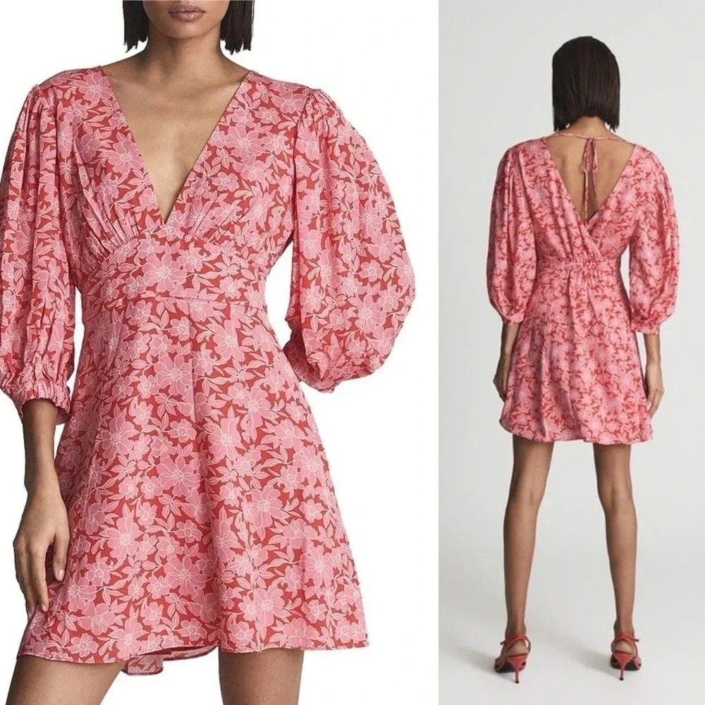 Reiss pink daisy deep v puff sleeve mini dress NWT size 12